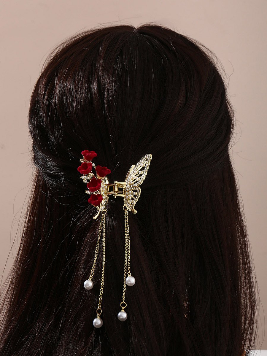 Pearl and Rhinestone Butterfly Hair Clip