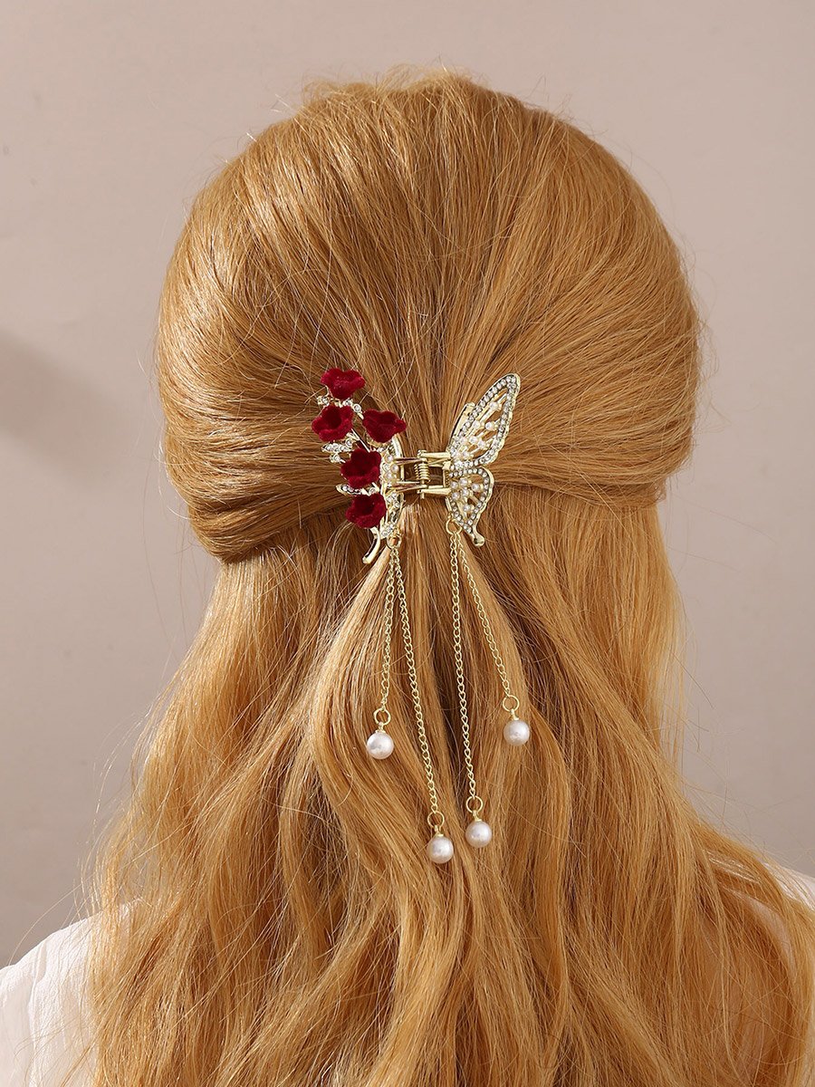 Pearl and Rhinestone Butterfly Hair Clip