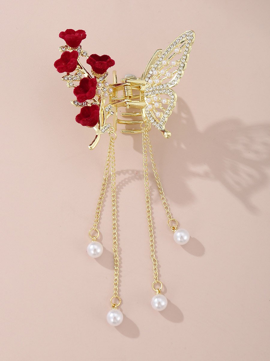Pearl and Rhinestone Butterfly Hair Clip