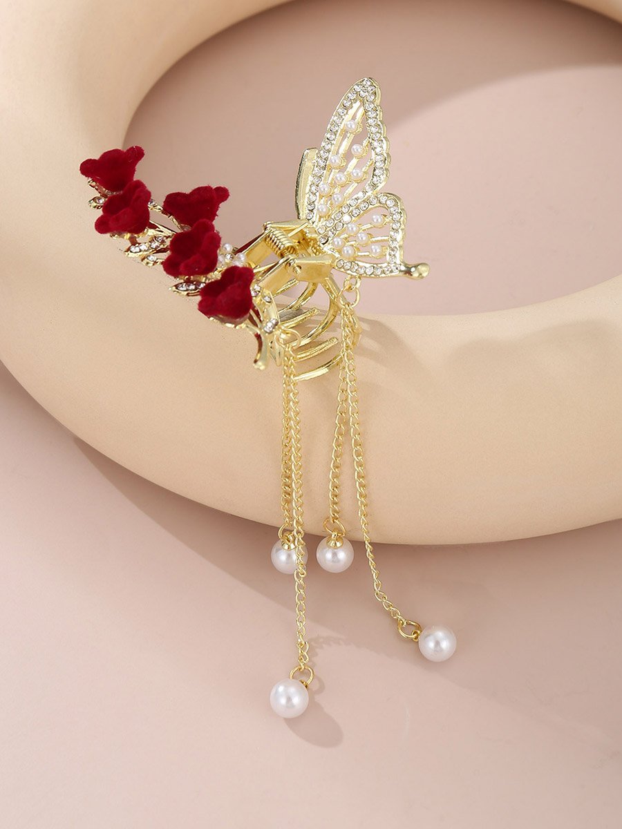 Pearl and Rhinestone Butterfly Hair Clip