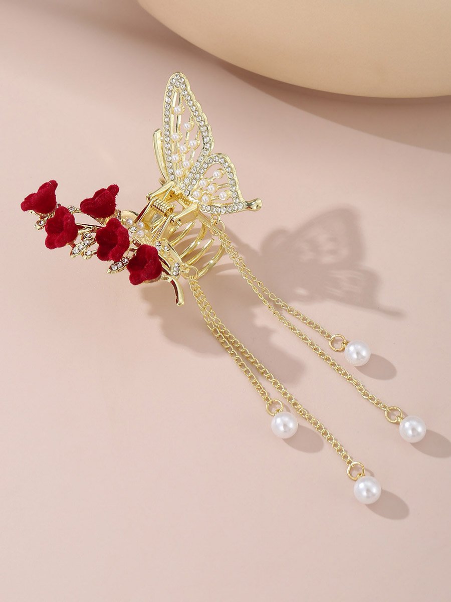 Pearl and Rhinestone Butterfly Hair Clip