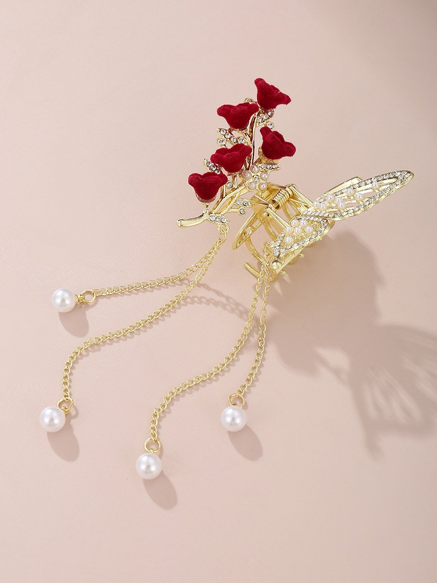 Pearl and Rhinestone Butterfly Hair Clip
