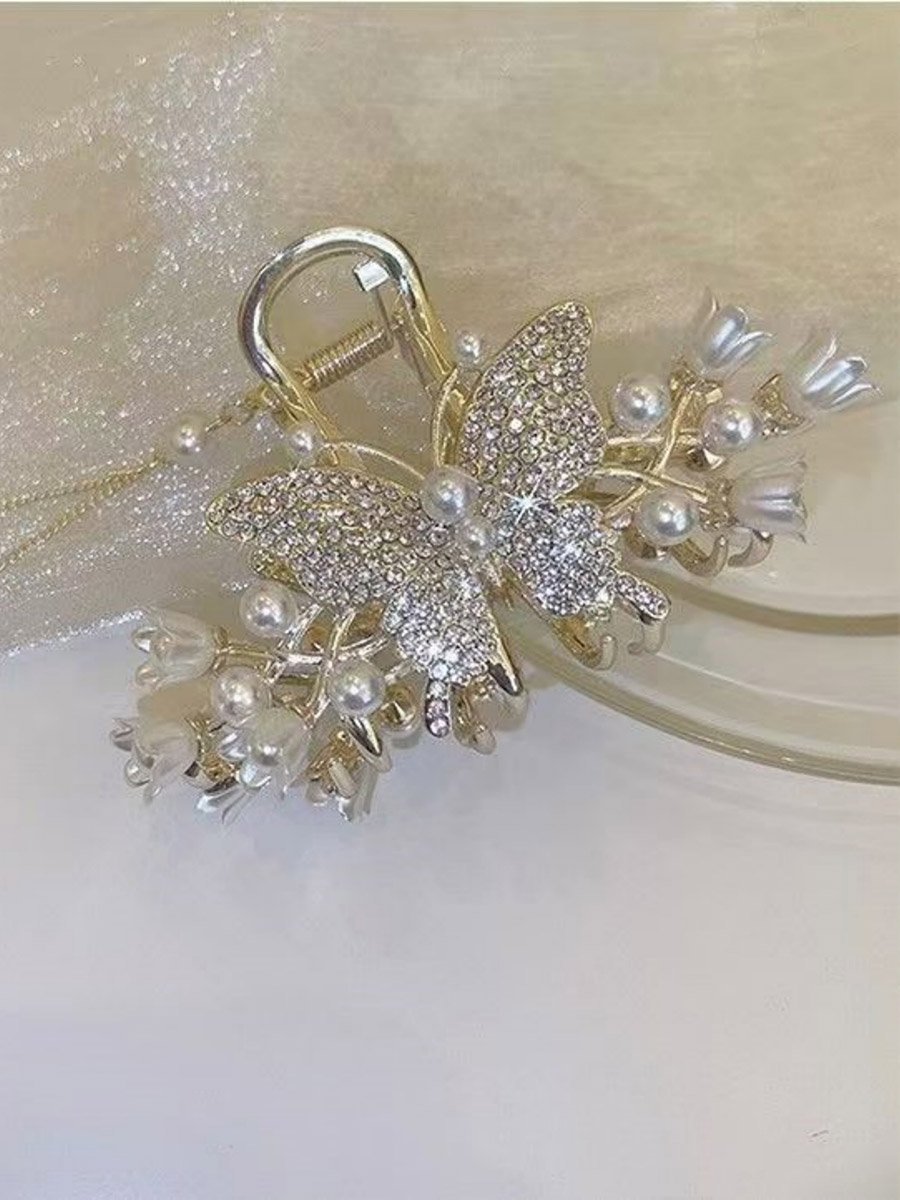 Pearl and Rhinestone Butterfly Hair Clip
