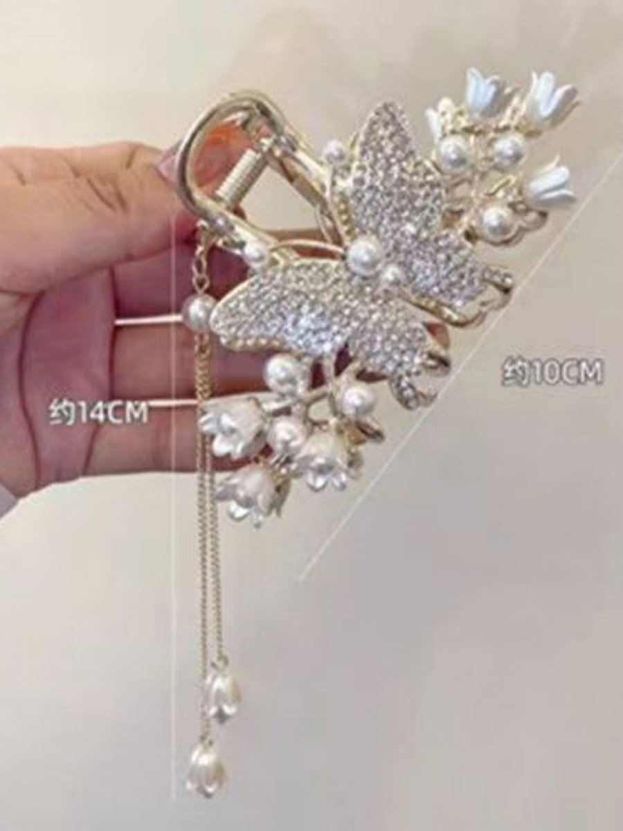 Pearl and Rhinestone Butterfly Hair Clip