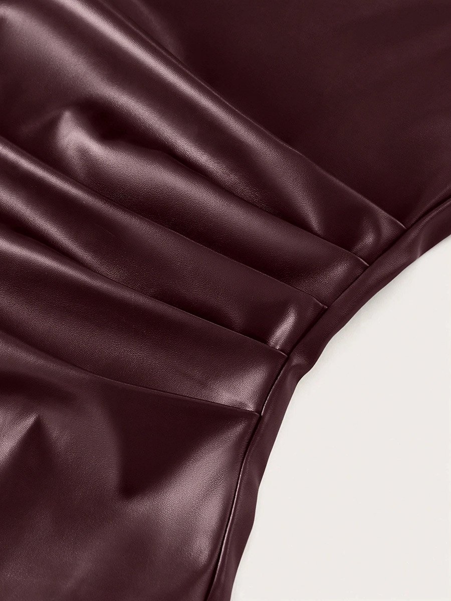 Burgundy Faux Leather Pleated Asymmetric Hem Top
