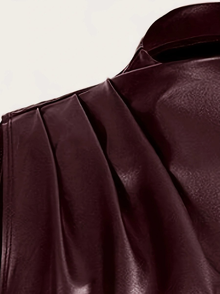 Burgundy Faux Leather Pleated Asymmetric Hem Top