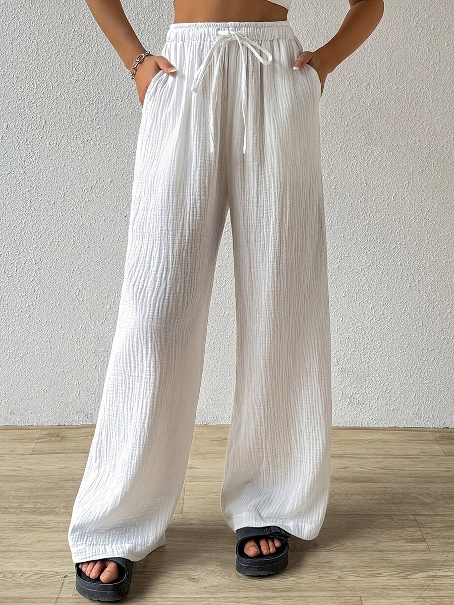 White Textured Straight Leg Pants