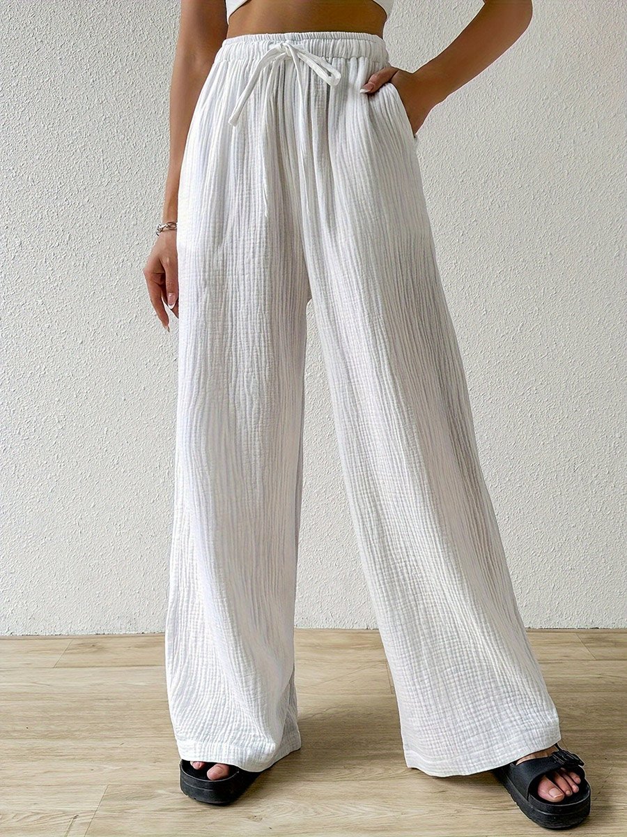 White Textured Straight Leg Pants