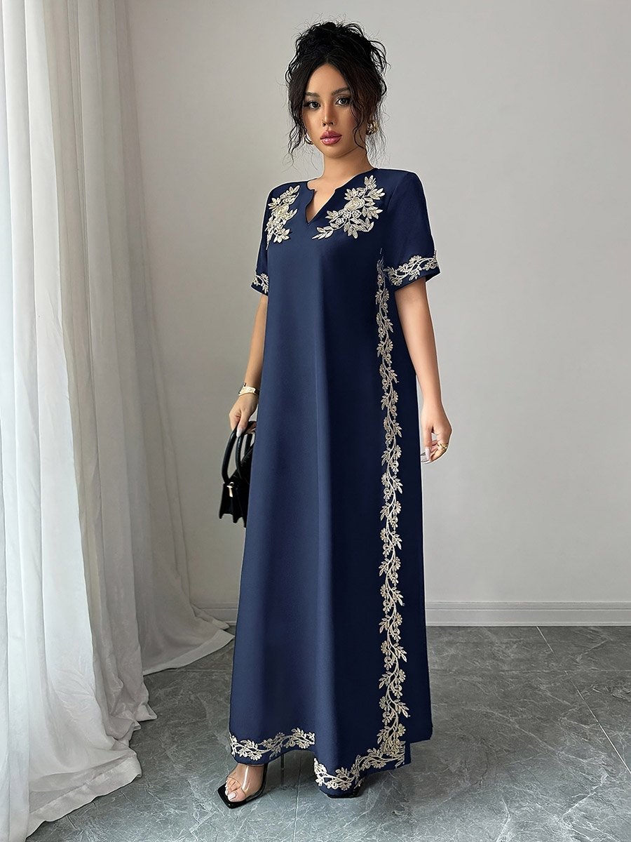 Navy Blue Floral Embroidered Jalabiya