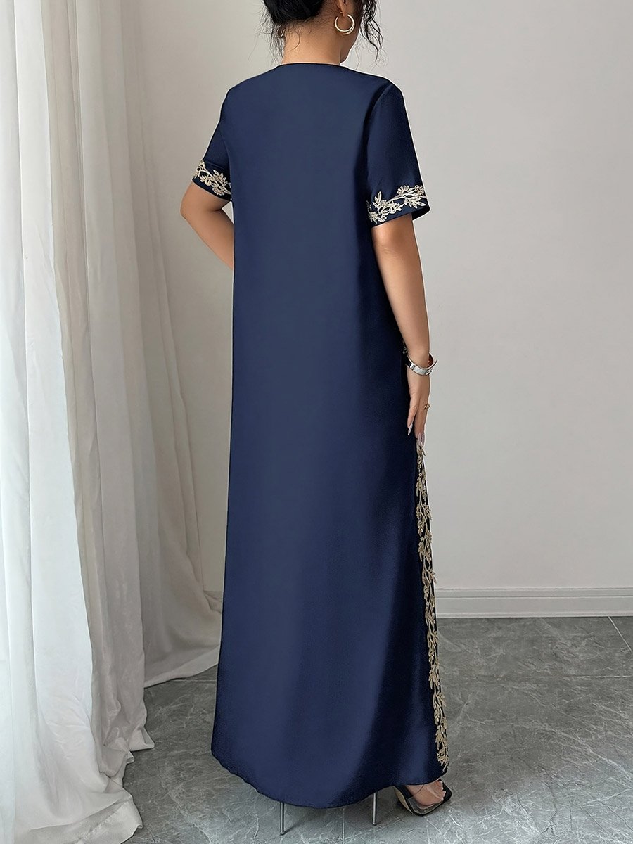 Navy Blue Floral Embroidered Jalabiya