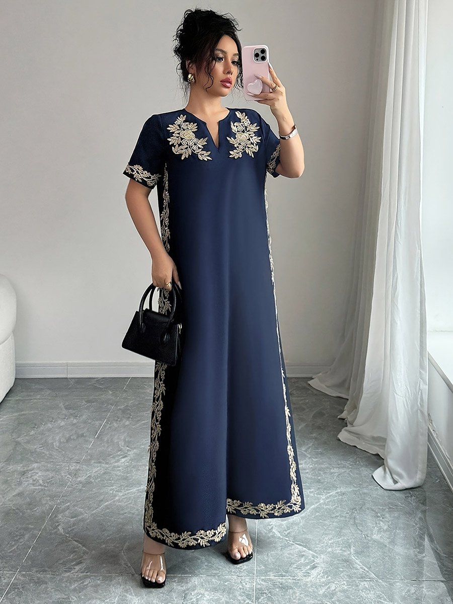 Navy Blue Floral Embroidered Jalabiya