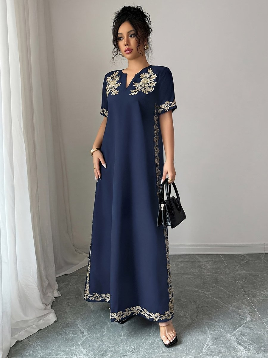 Navy Blue Floral Embroidered Jalabiya