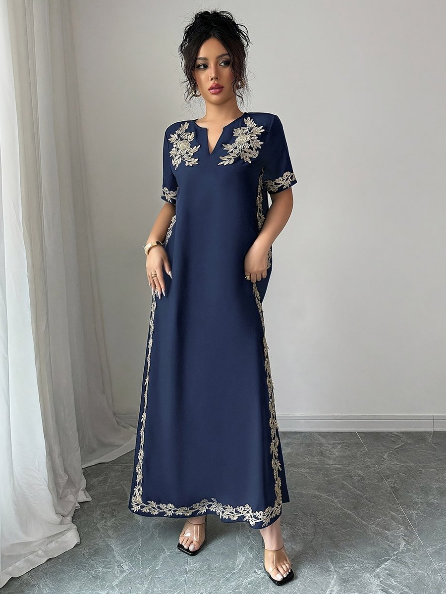 Navy Blue Floral Embroidered Jalabiya