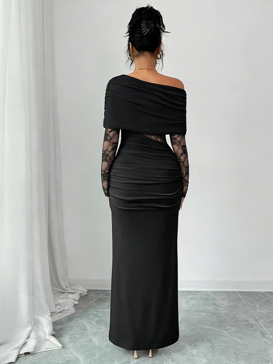 Black Lace Insert Ruched Bodycon Maxi Dress with Cape Overlay