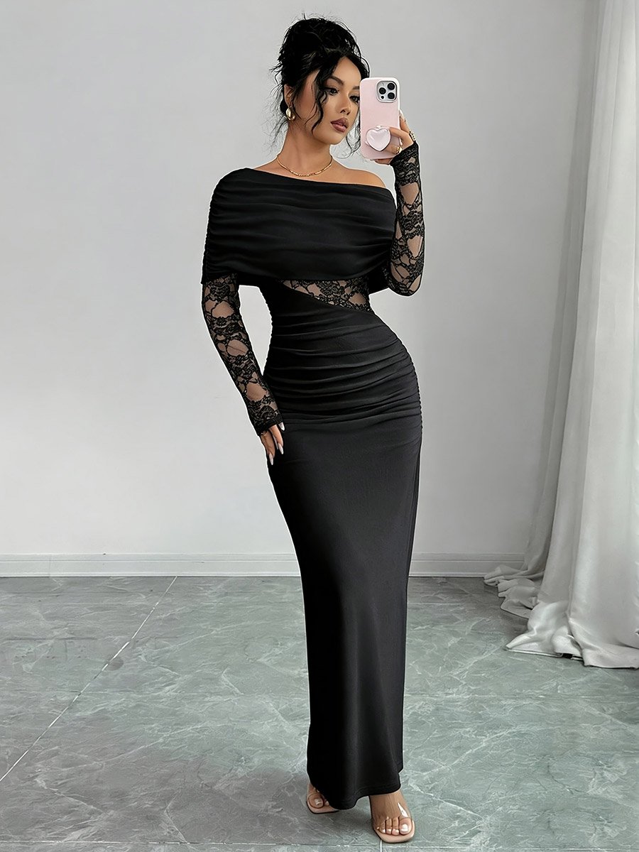 Black Lace Insert Ruched Bodycon Maxi Dress with Cape Overlay