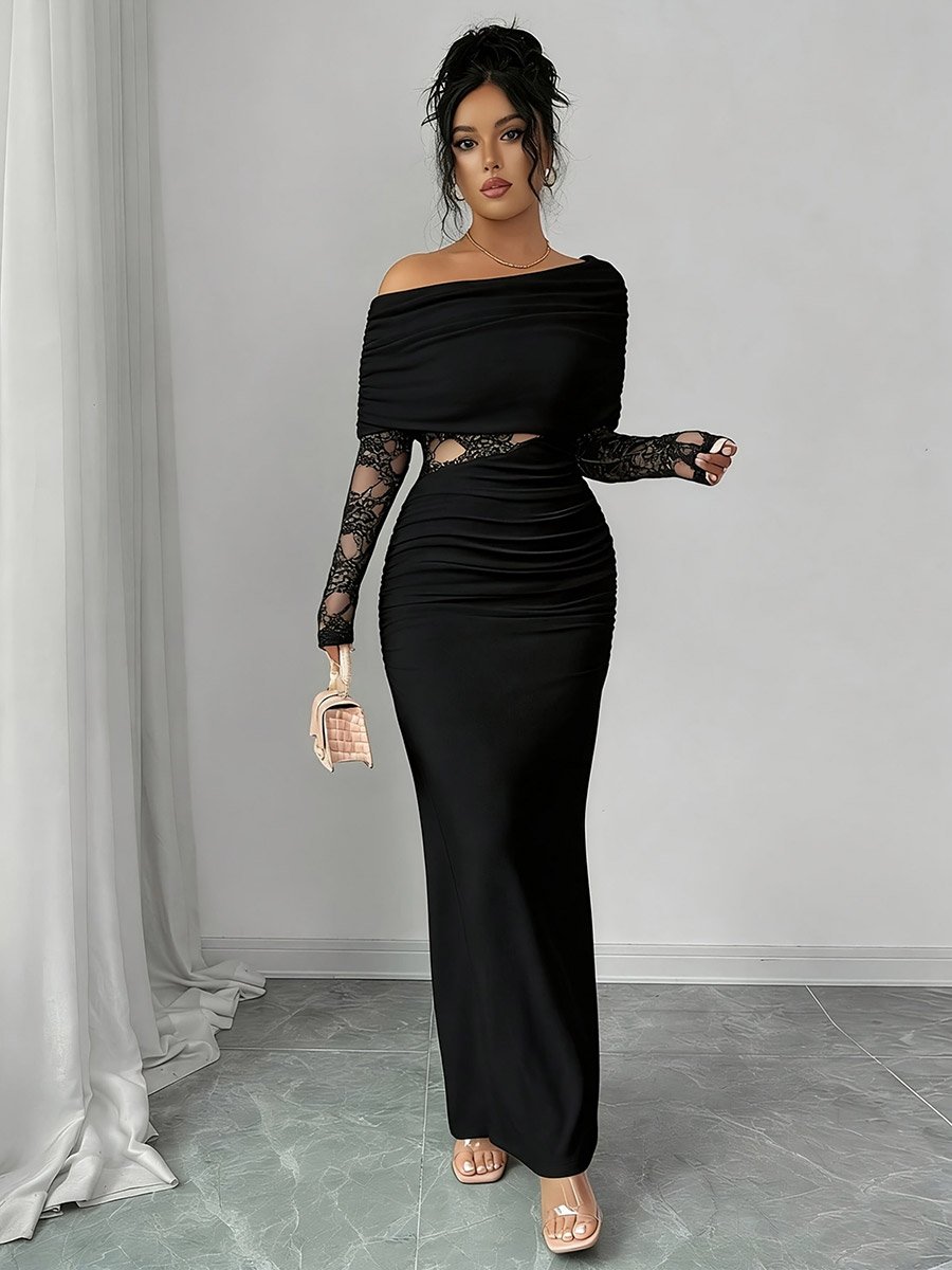 Black Lace Insert Ruched Bodycon Maxi Dress with Cape Overlay