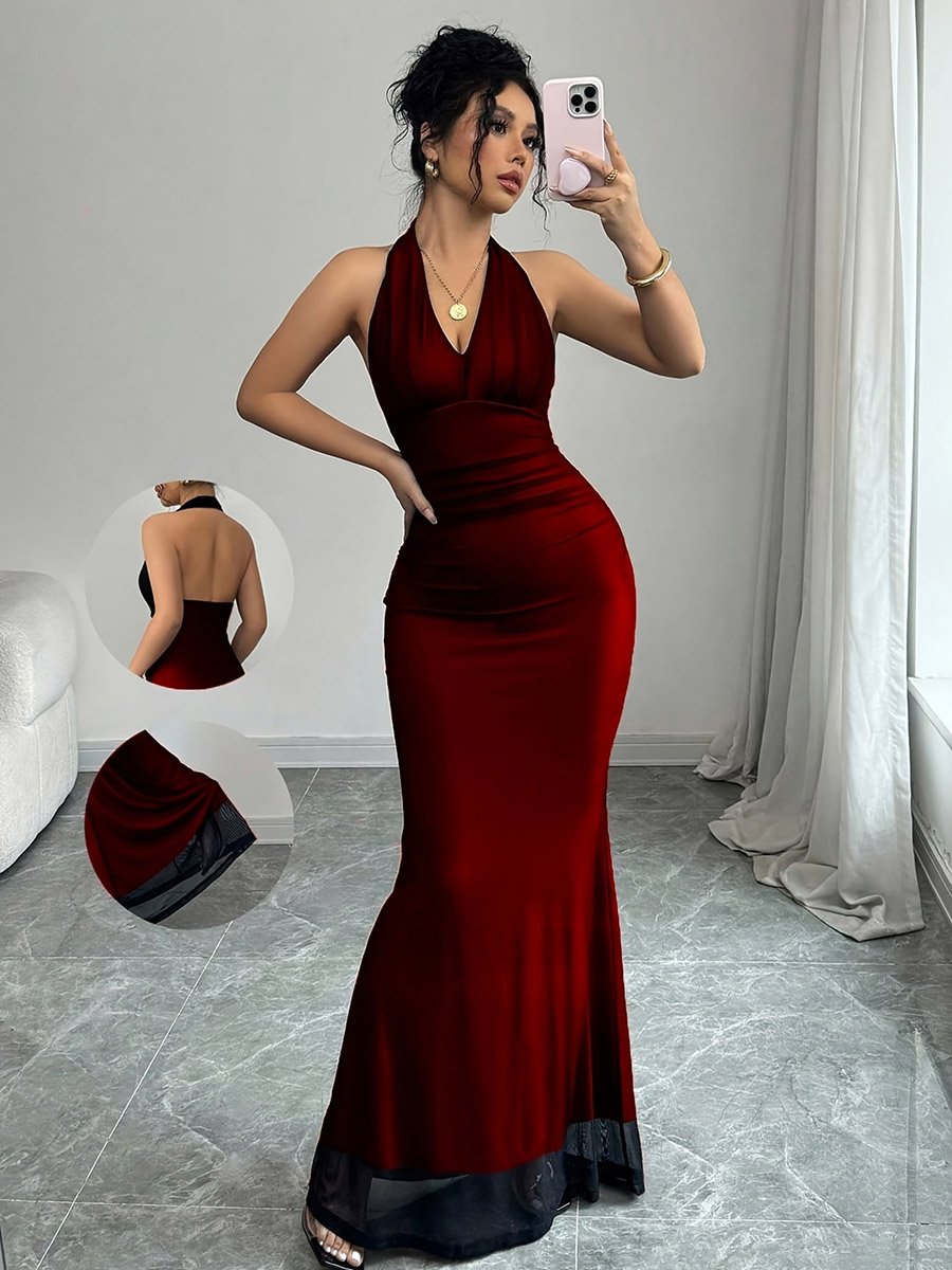 Red Solid Halter Neck Mermaid Maxi Dress with Lace Hem