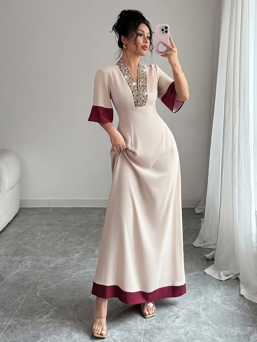 Beige Contrast Trim V Neck A-Line Maxi Dress with Embellished Detail