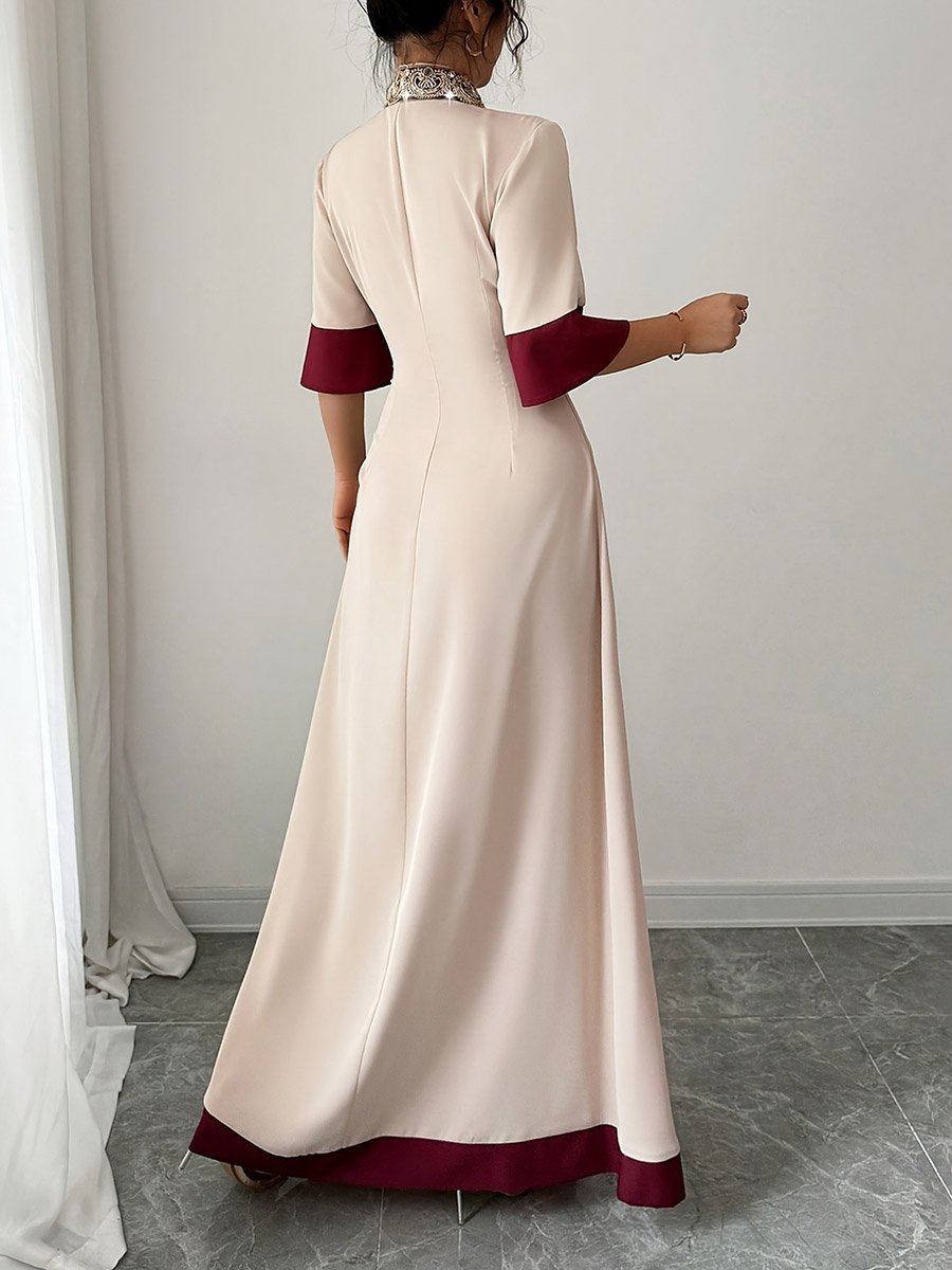 Beige Contrast Trim V Neck A-Line Maxi Dress with Embellished Detail