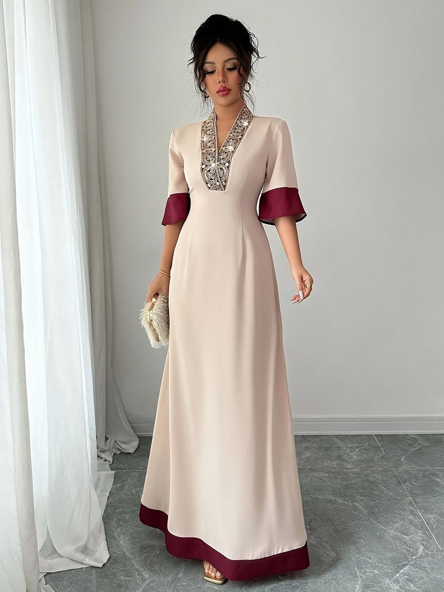 Beige Contrast Trim V Neck A-Line Maxi Dress with Embellished Detail