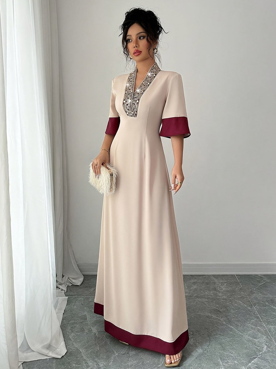 Beige Contrast Trim V Neck A-Line Maxi Dress with Embellished Detail