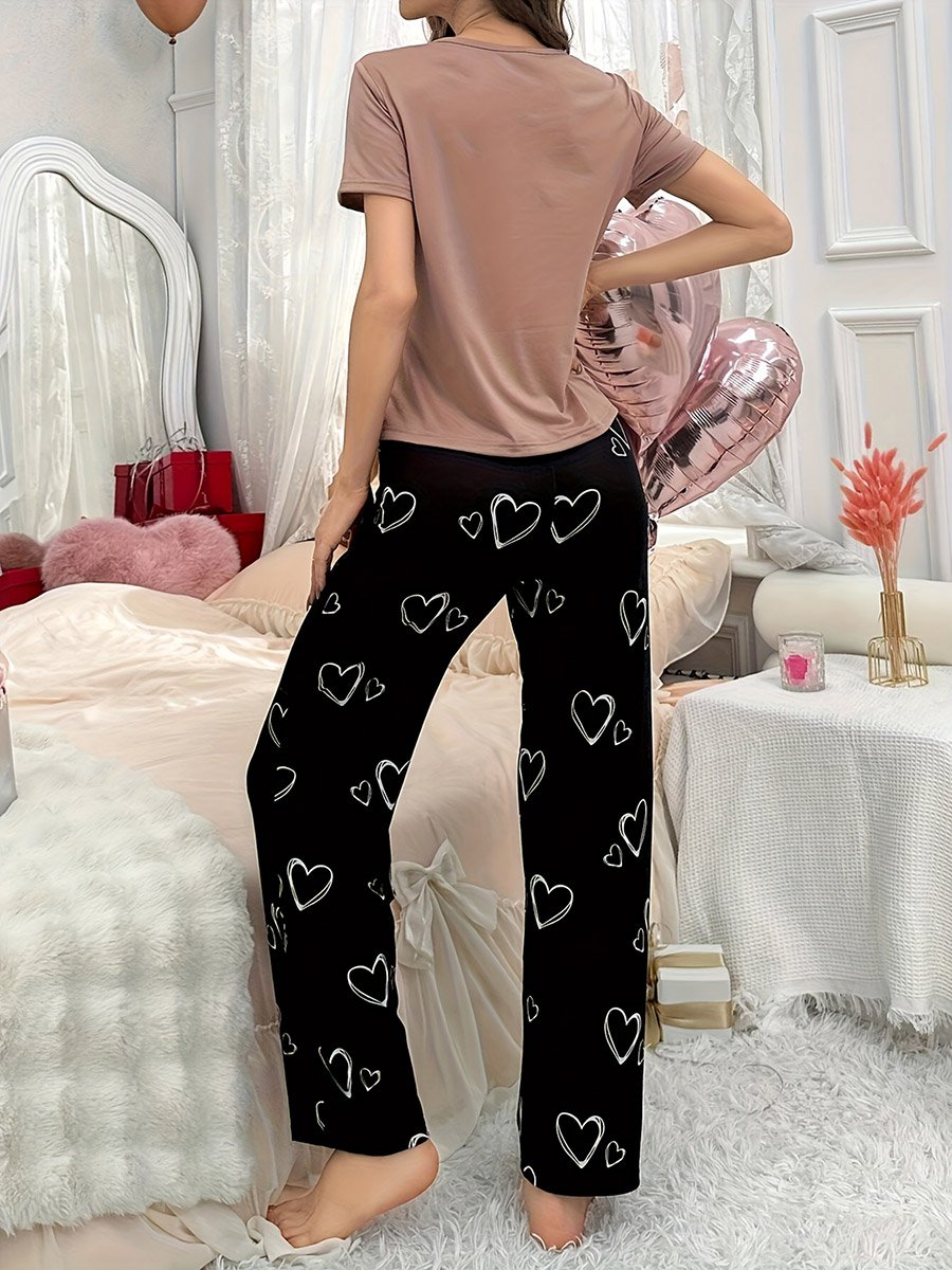 Heart Print Round Neck T-Shirt and Pyjama Set