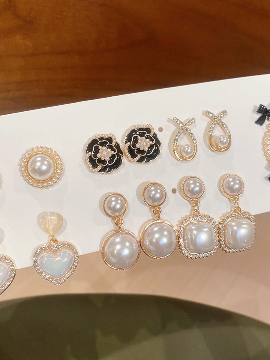 Set of 7 - Faux Pearl Embellished Earrings
