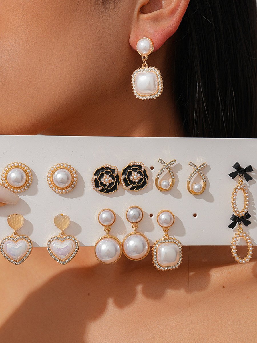 Set of 7 - Faux Pearl Embellished Earrings