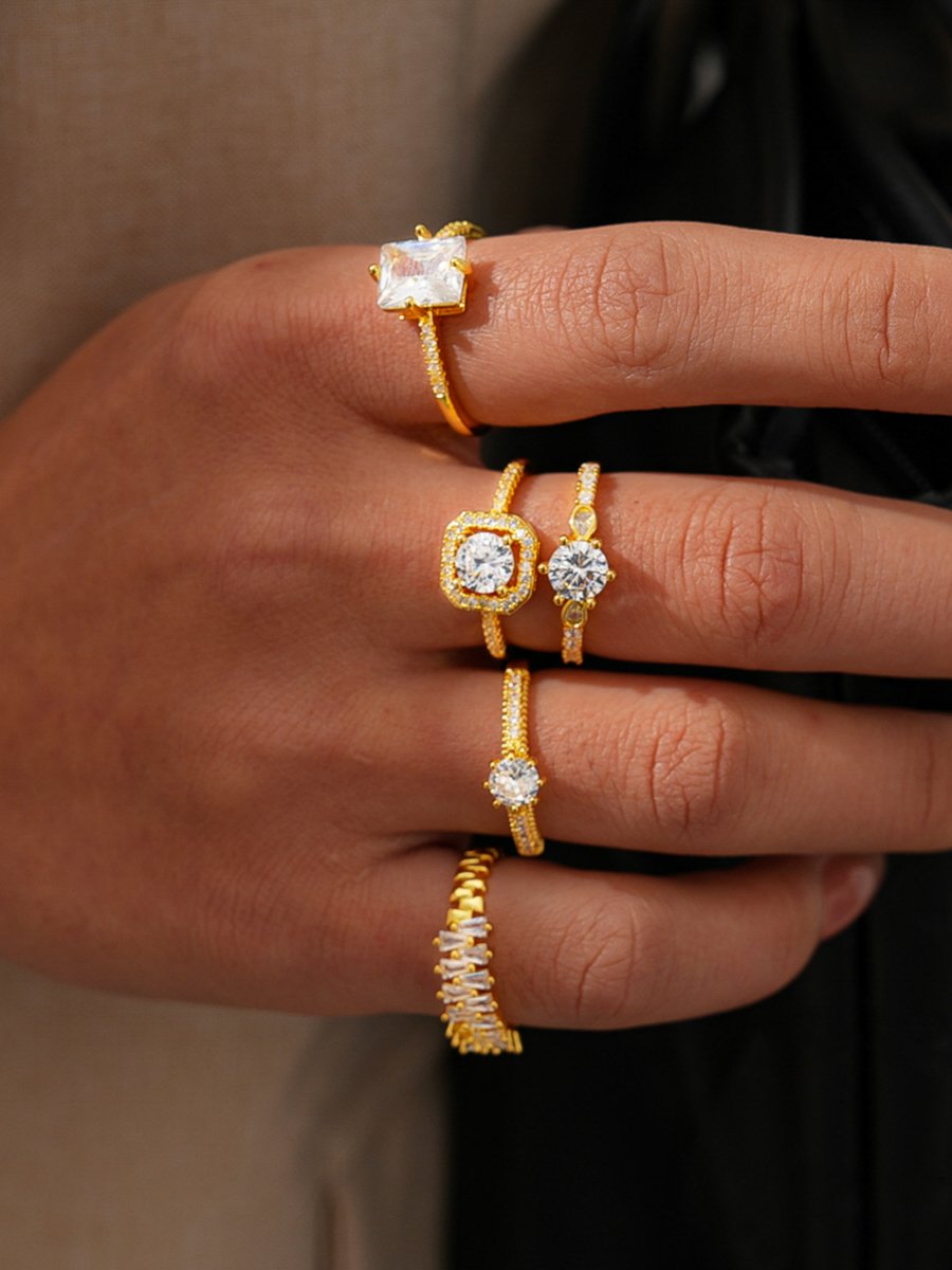 5-Piece Gold Tone Zircon Embellished Ring Set