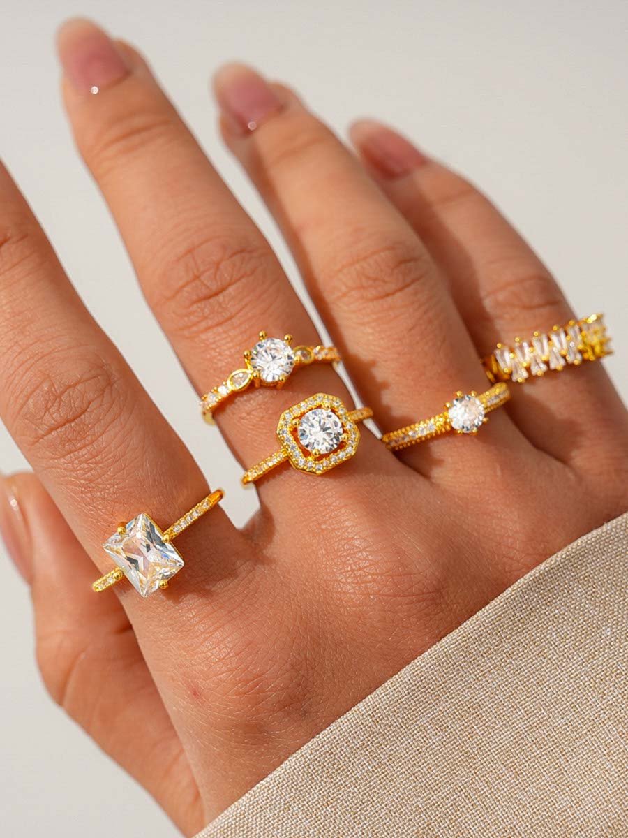 5-Piece Gold Tone Zircon Embellished Ring Set