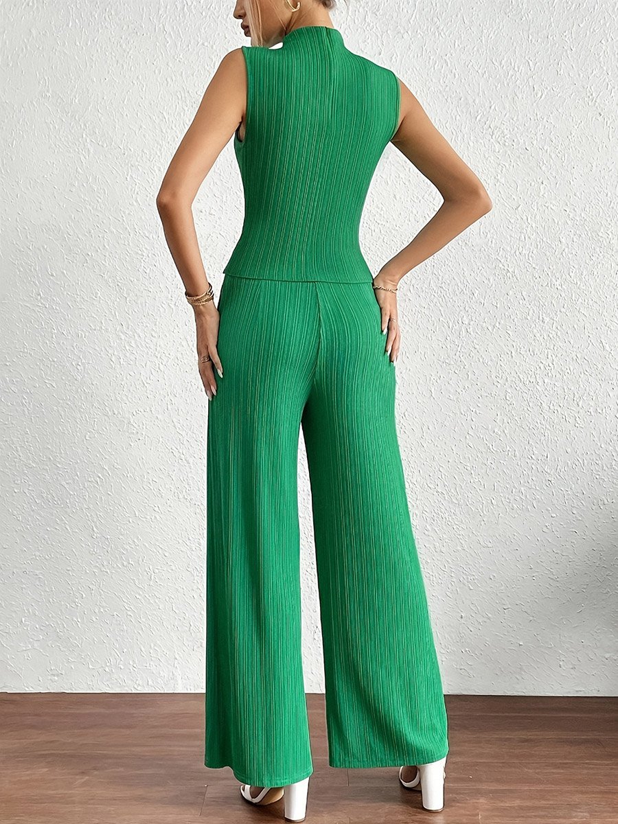 Green Textured Sleeveless Top with Pants Co-Ords