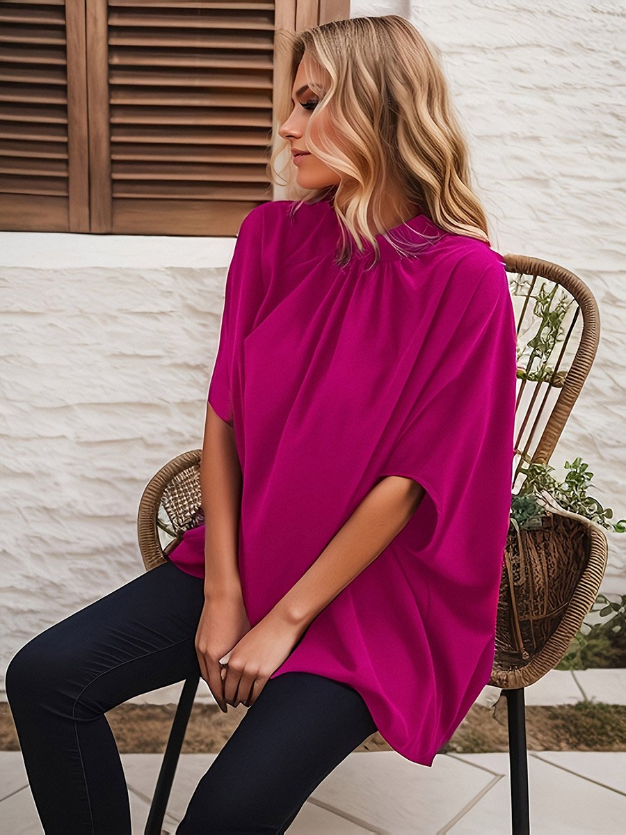 Magenta Solid Batwing Sleeve Top with Back Tie