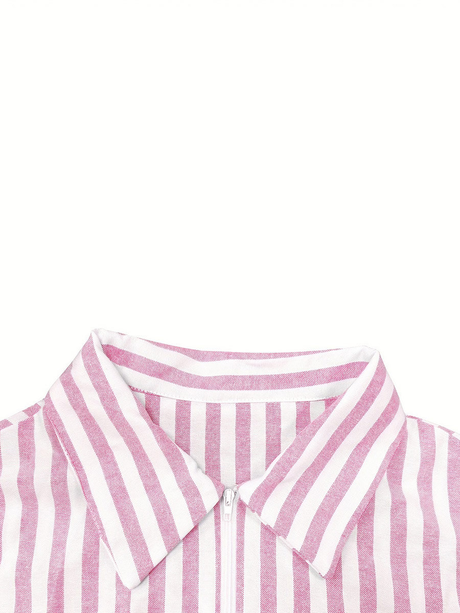 Pink Striped Long Sleeve Shirt Midi Dress