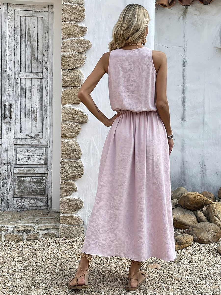 Pink Solid V Neck Blouson A-Line Maxi Dress