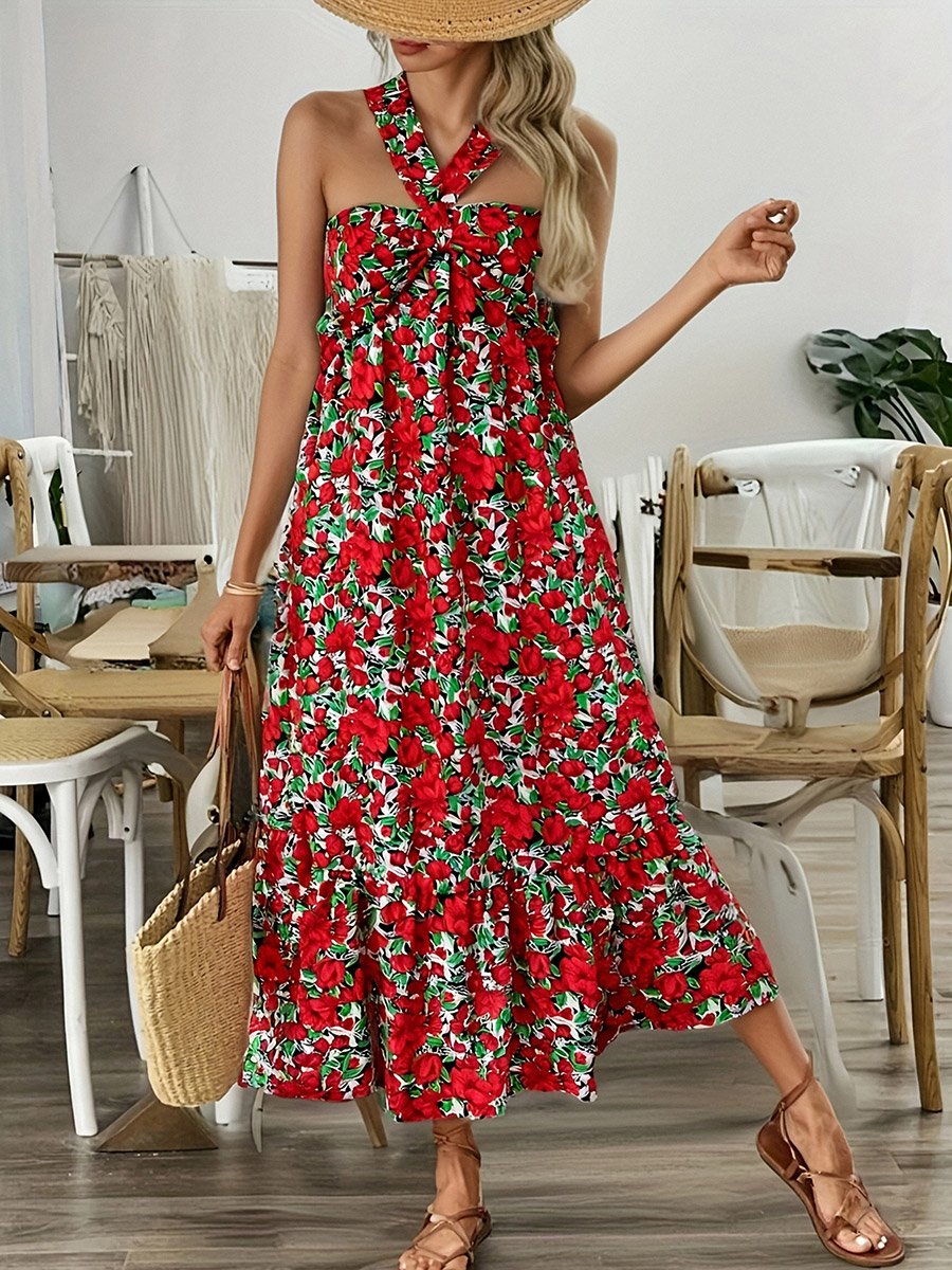 Red Floral Print Halter Neck A-Line Midi Dress