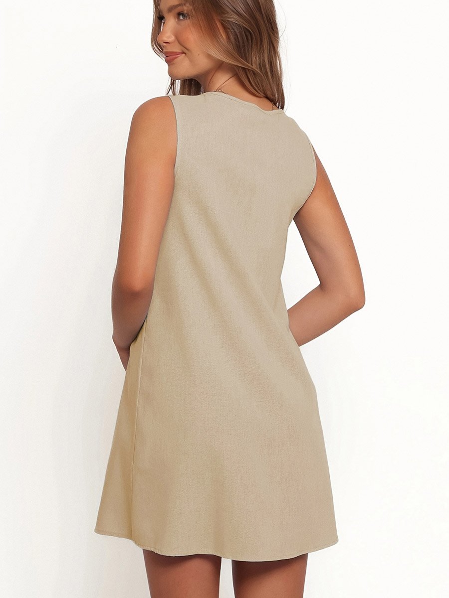 Beige Solid Tie Front A-Line Mini Dress with Pintuck
