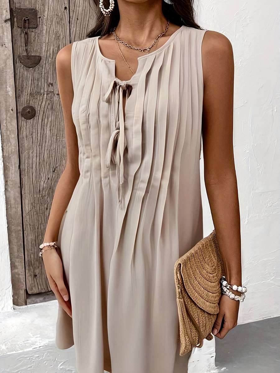 Beige Solid Tie Front A-Line Mini Dress with Pintuck