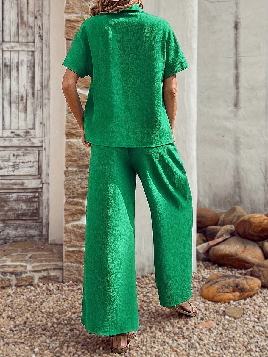 Green Textured Shirt and Wide Leg Pants Co-Ords