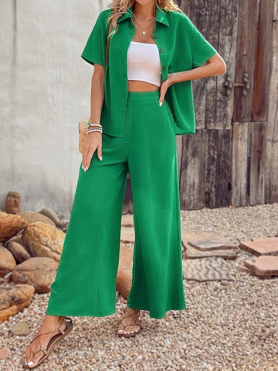 Green Textured Shirt and Wide Leg Pants Co-Ords