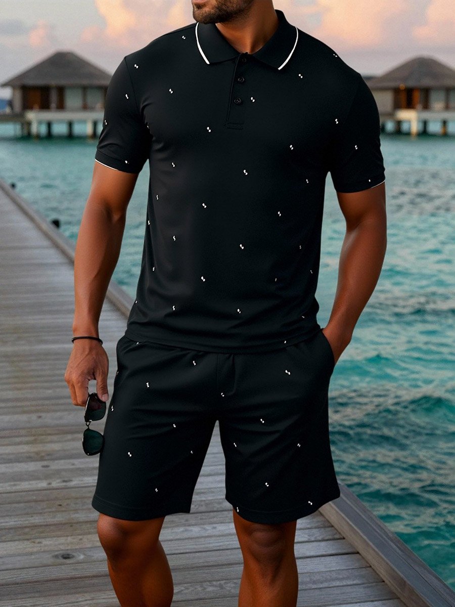 Men Black Graphic Print Short Sleeve Polo T-Shirt and Shorts Co-Ords