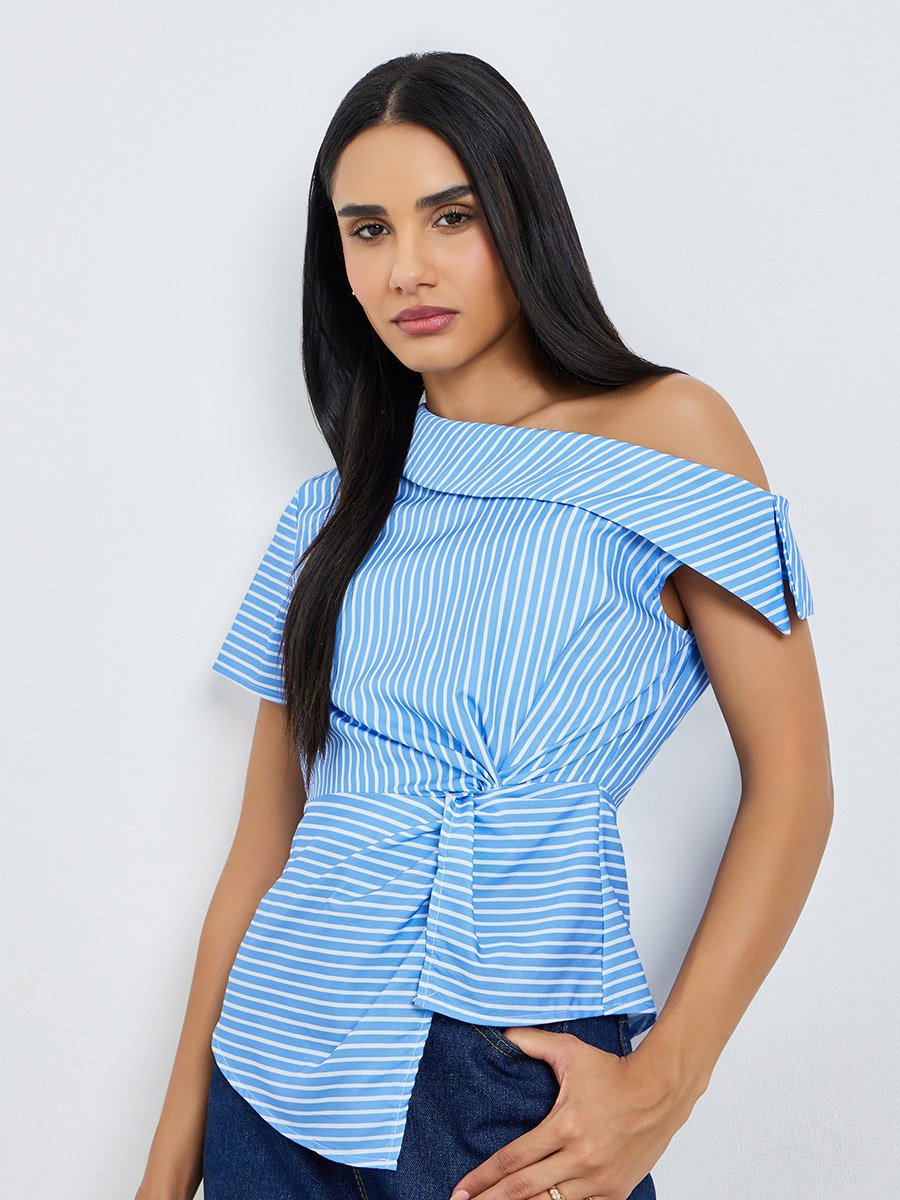 Blue Striped Asymmetric Shoulder Twist Knot Blouse