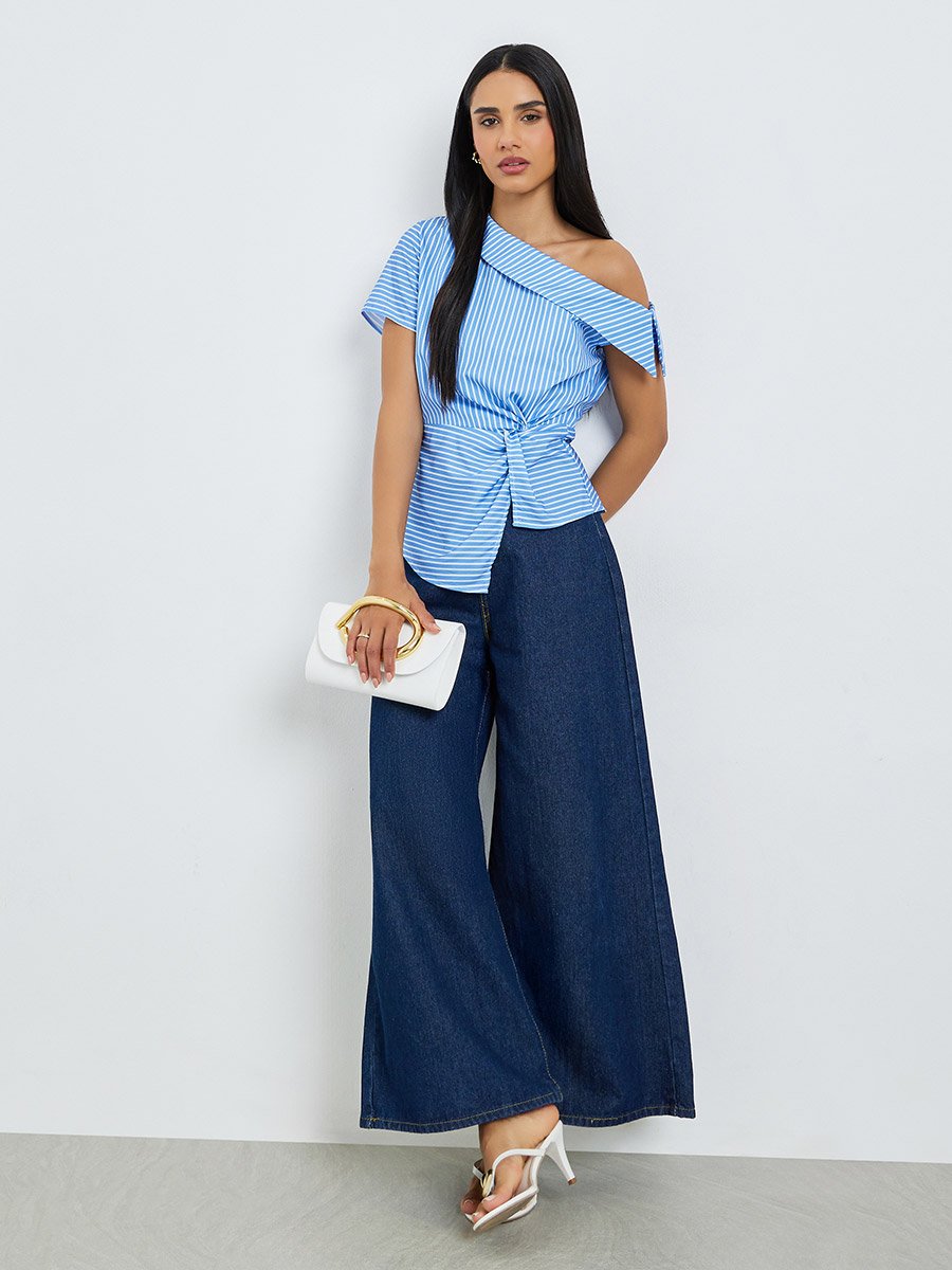 Blue Striped Asymmetric Shoulder Twist Knot Blouse