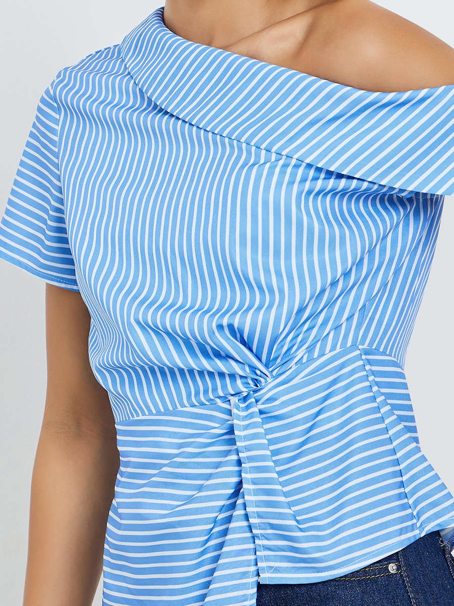 Blue Striped Asymmetric Shoulder Twist Knot Blouse