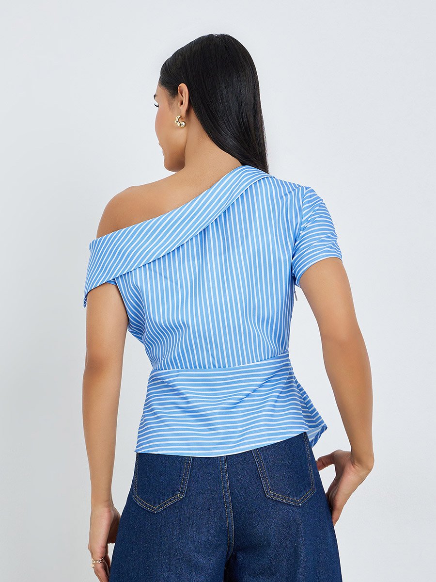 Blue Striped Asymmetric Shoulder Twist Knot Blouse