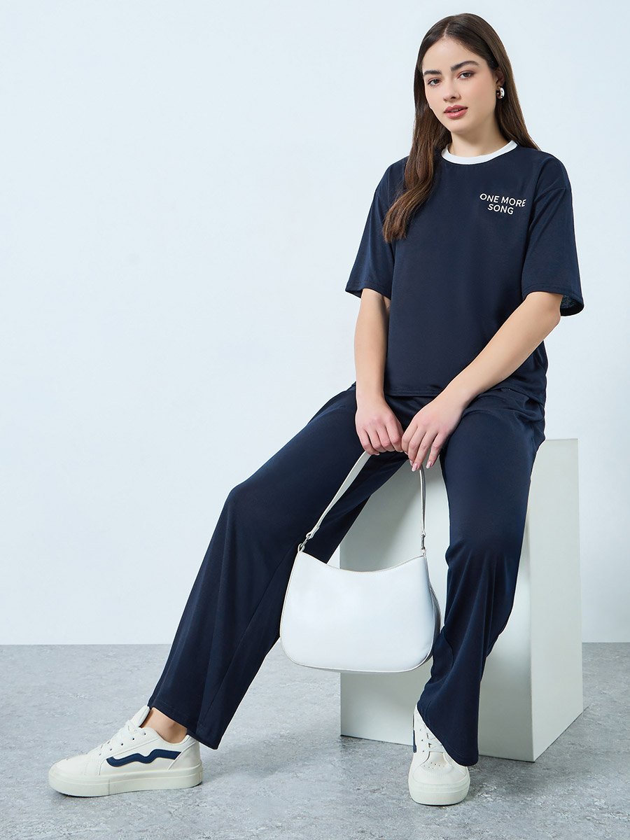 Navy Printed T-Shirt and Wide Leg Joggers Co-Ords