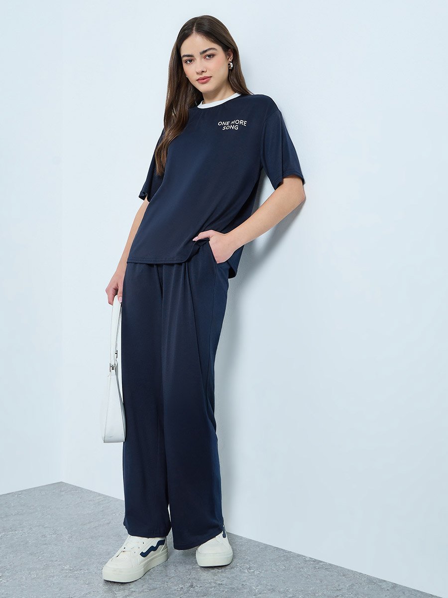 Navy Printed T-Shirt and Wide Leg Joggers Co-Ords