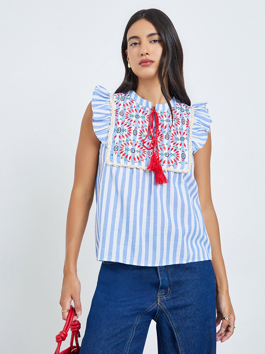 Blue Striped Tassel Detail Blouse with Embroidery and Ruffles