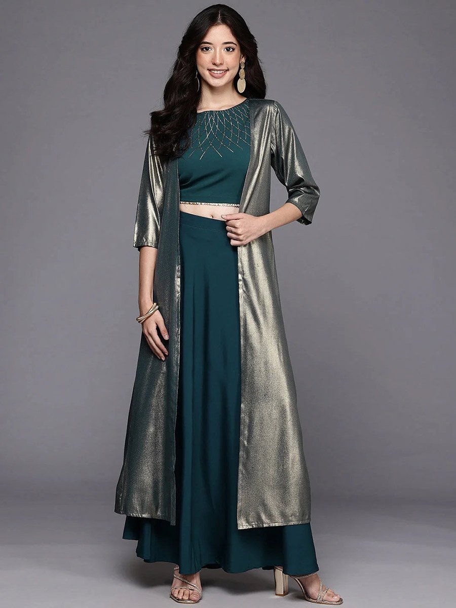 Green Embellished Crop Top with Skirt and Jacket Co-Ords