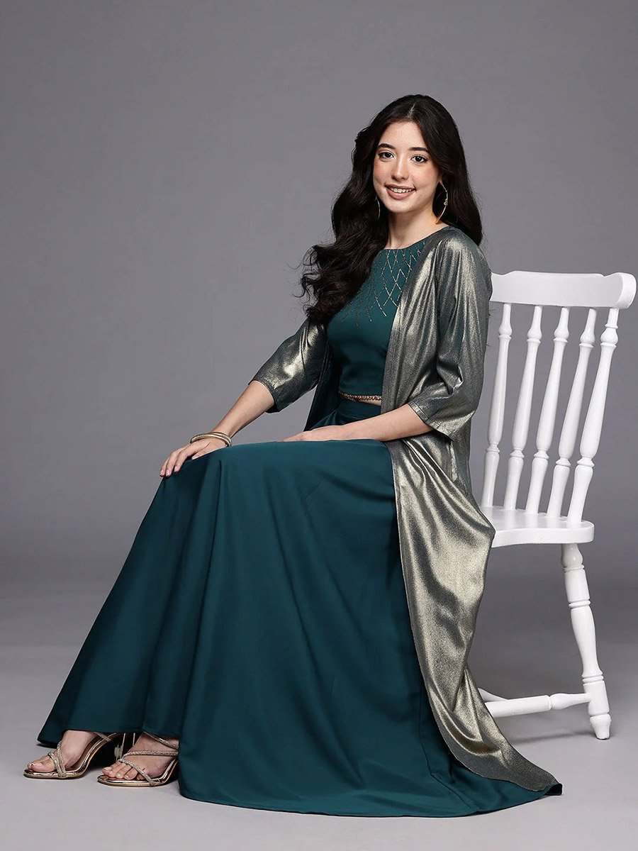 Green Embellished Crop Top with Skirt and Jacket Co-Ords