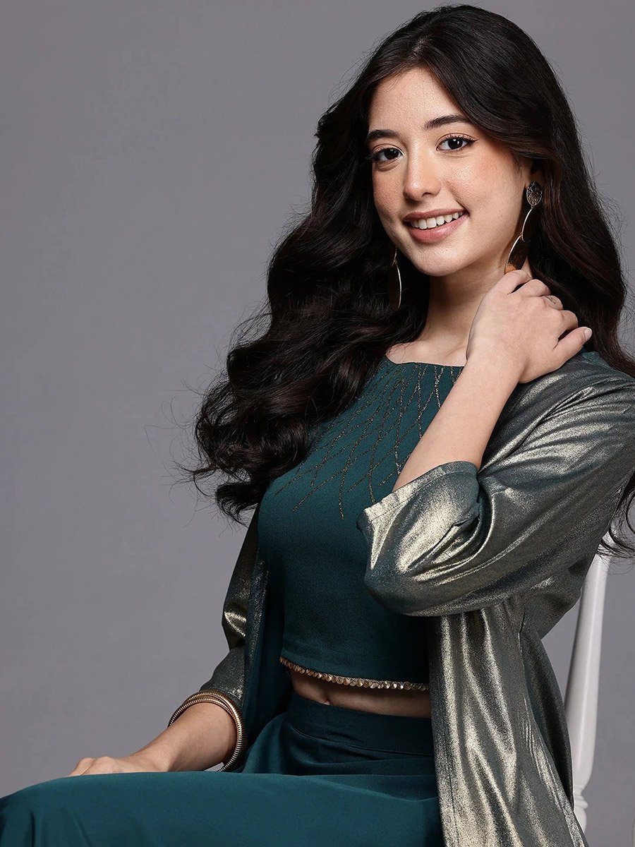 Green Embellished Crop Top with Skirt and Jacket Co-Ords